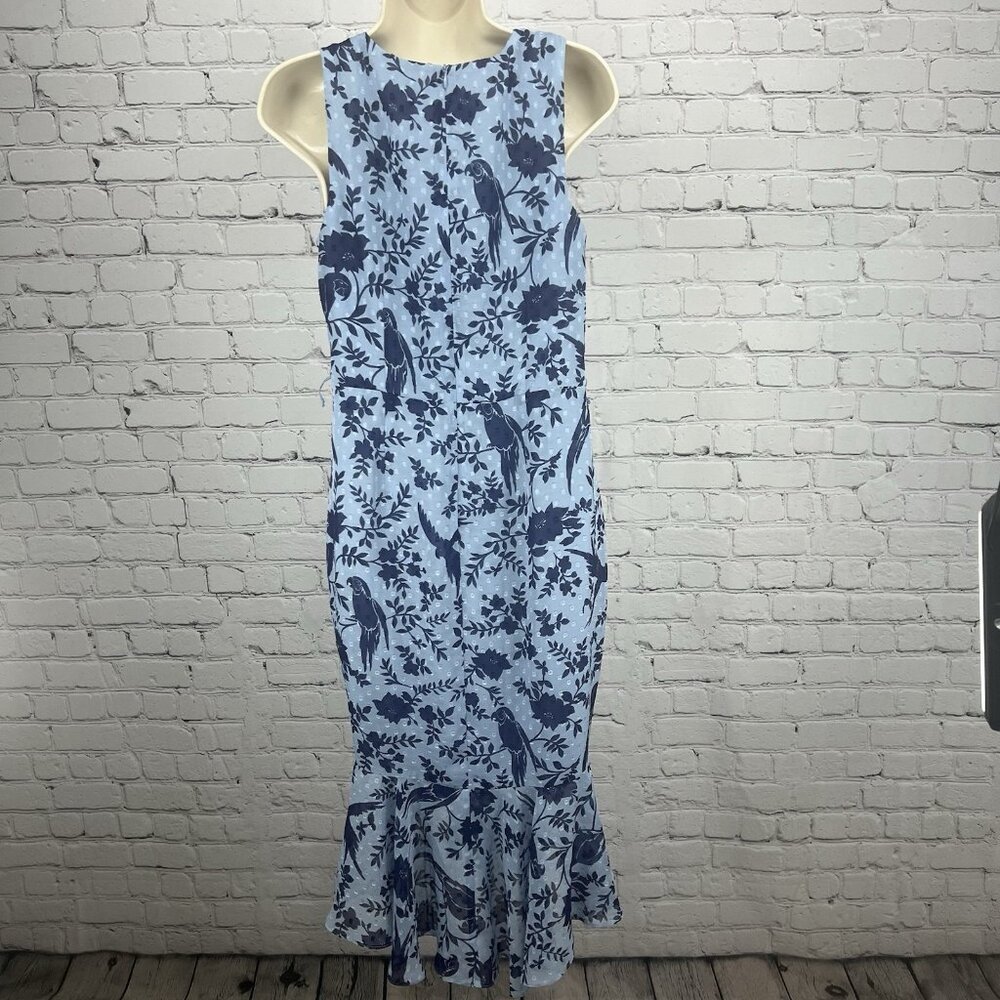 Eliza J Blue Macaw Bird Floral Sleeveless Textured Ruching Midi Trumpet Dress 8 - Picture 2 of 13